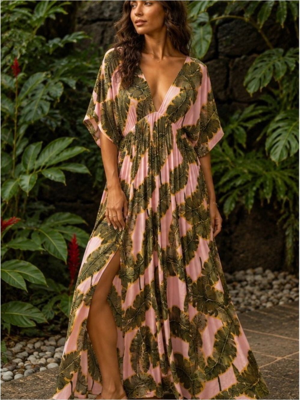 Malai Tropical Palm Print Open Back Maxi